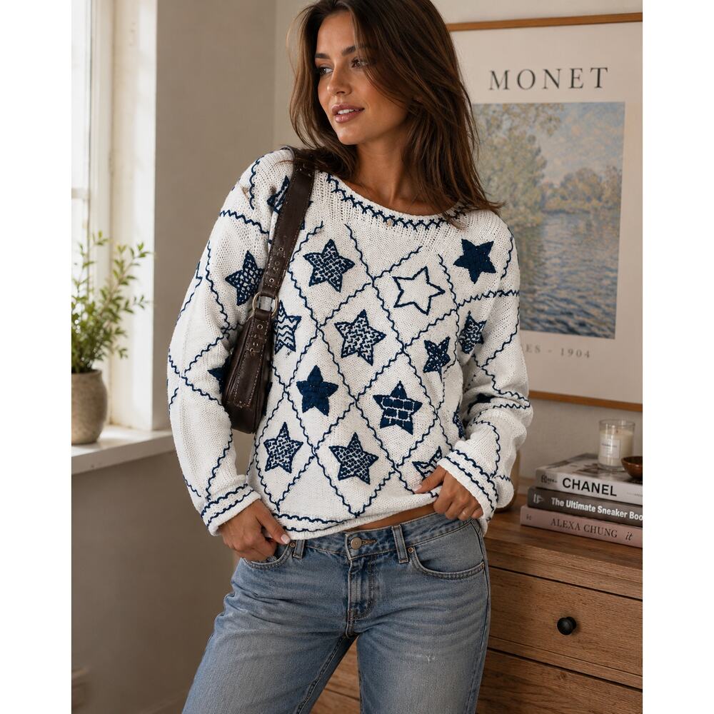 Express Tricot Y2K Star Patch Knit Sweater Medium Blue White Cottagecore Boho